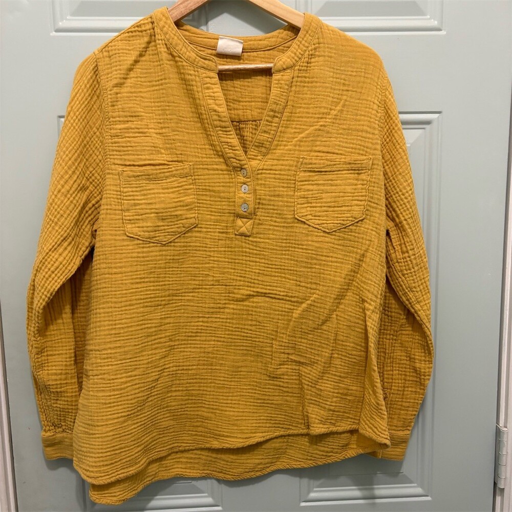 Mote Tunic Top Womens XXL Mustard Yellow Henley Long Sleeve Pockets